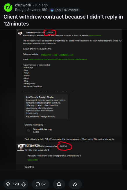 r/Upwork post: client withdrew contract because I didn't reply in 12 minutes