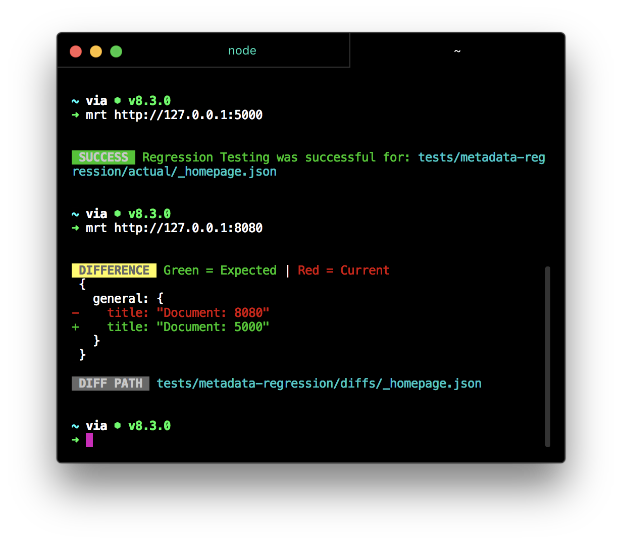 MRT diff and success output in console
