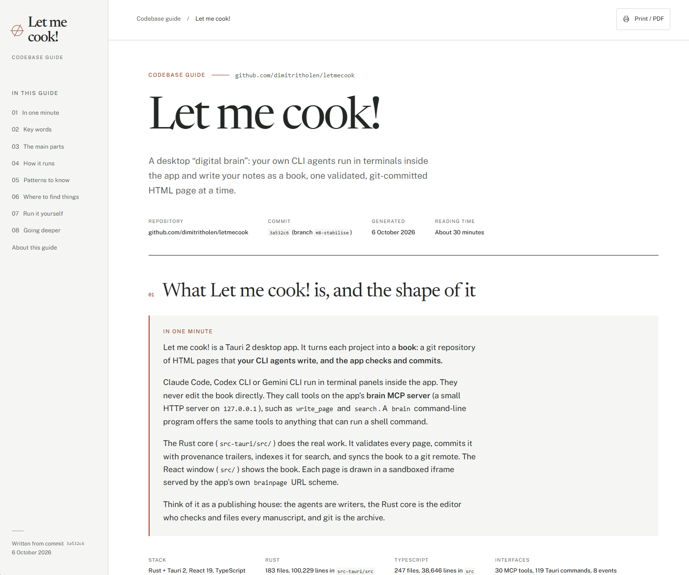 The opening page of a generated guide: title, a one-minute summary and the repository facts