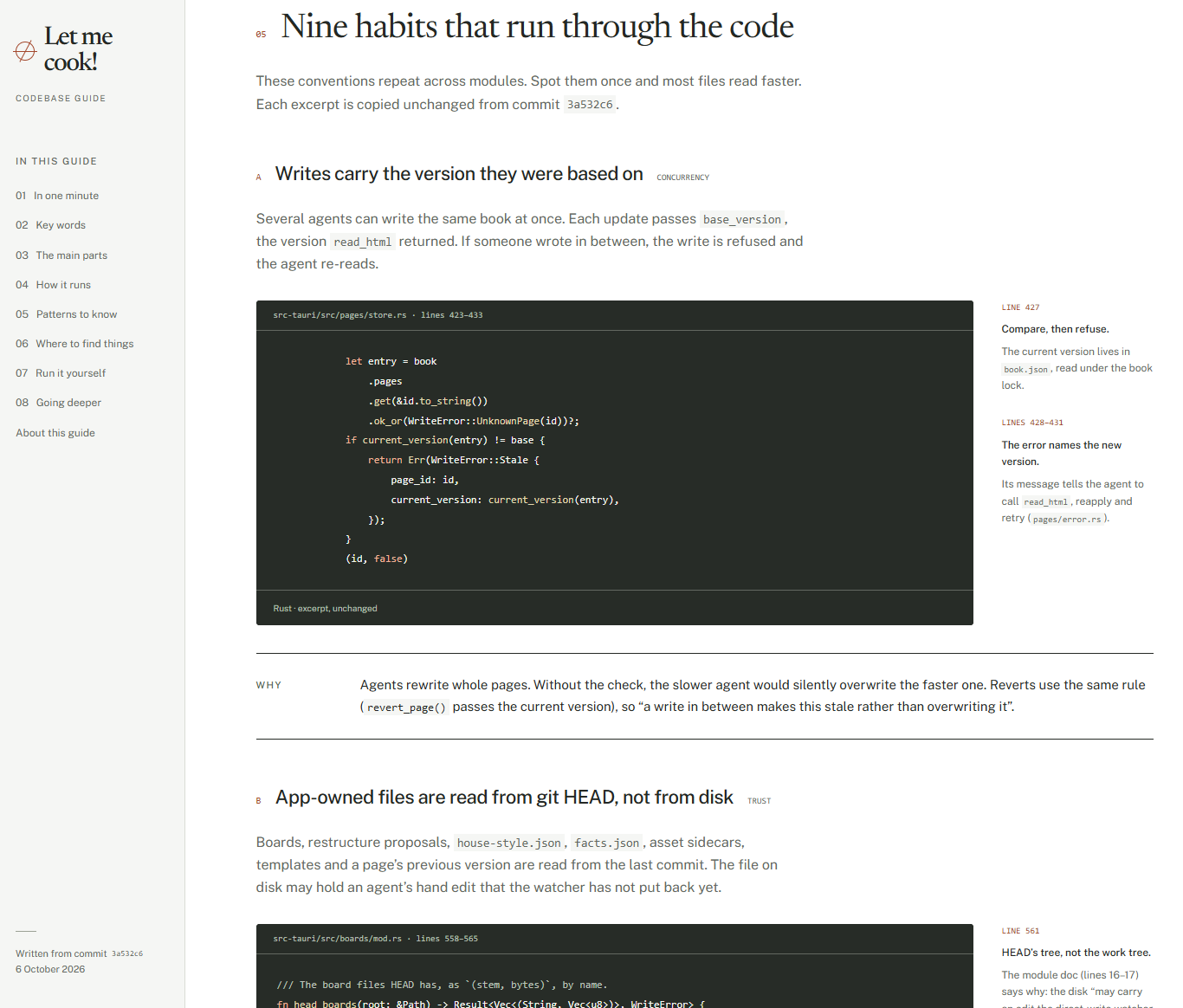 A pattern entry with a Rust excerpt, line notes and a "why" paragraph