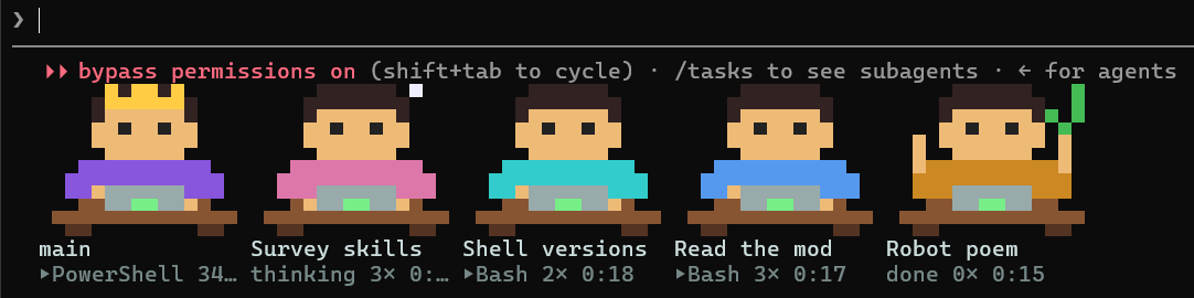 Five agents at their desks under the prompt: the crowned main agent, three subagents running Bash or thinking, and one finished with a green check