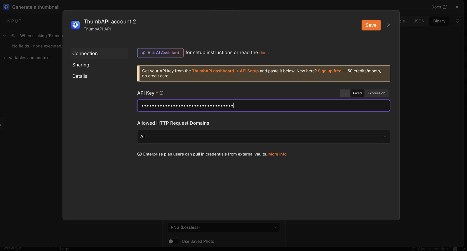 ThumbAPI API credential setup in n8n with the API Key field filled in