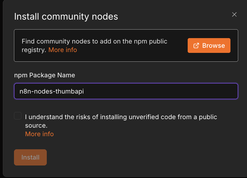 n8n Community Nodes install dialog with n8n-nodes-thumbapi entered as the package name