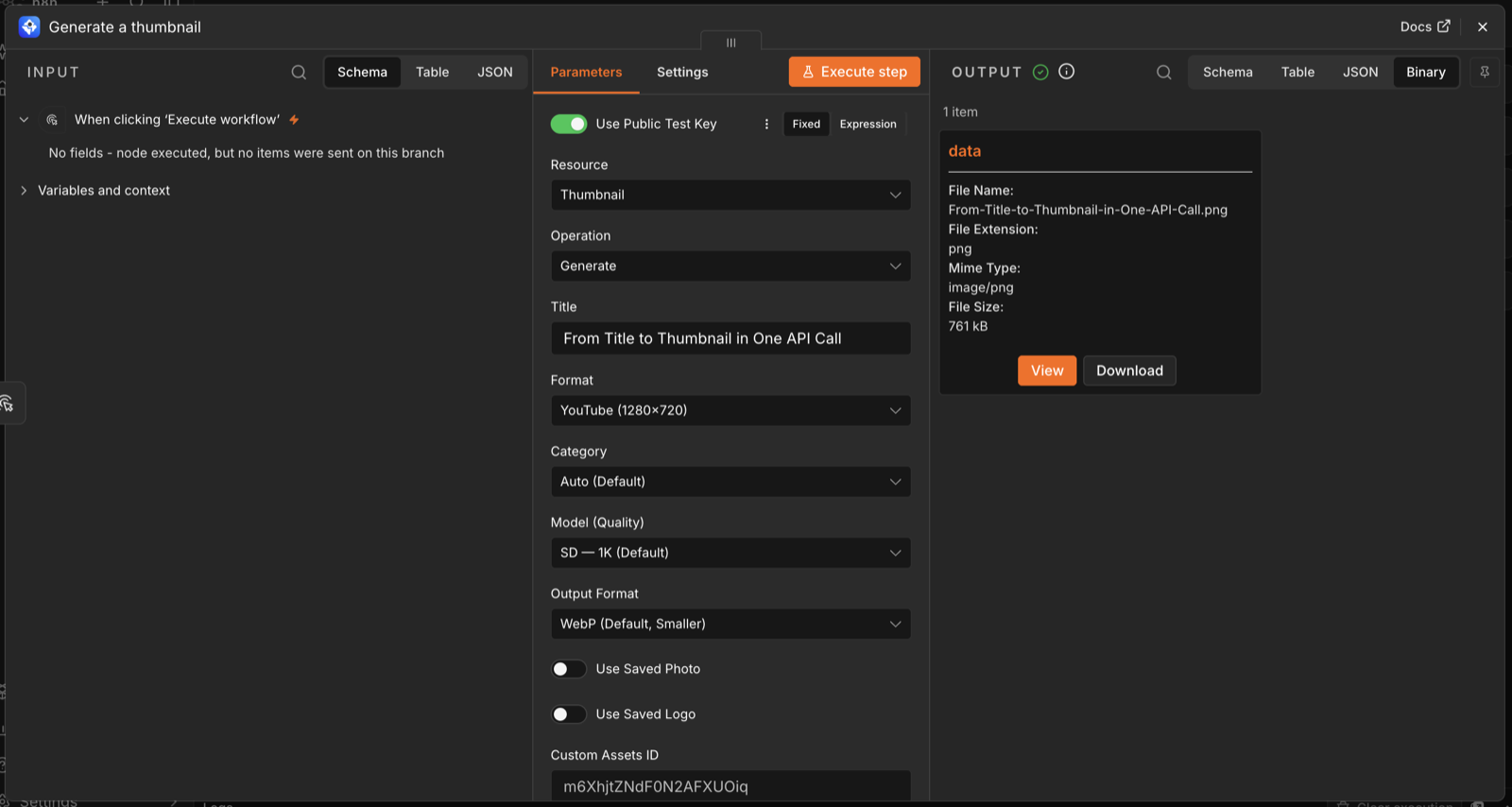 ThumbAPI node parameters panel with Use Public Test Key enabled and a generated thumbnail in the output panel