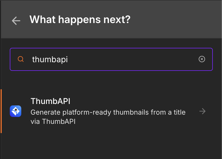 n8n node panel with thumbapi typed into the search box, showing the ThumbAPI node