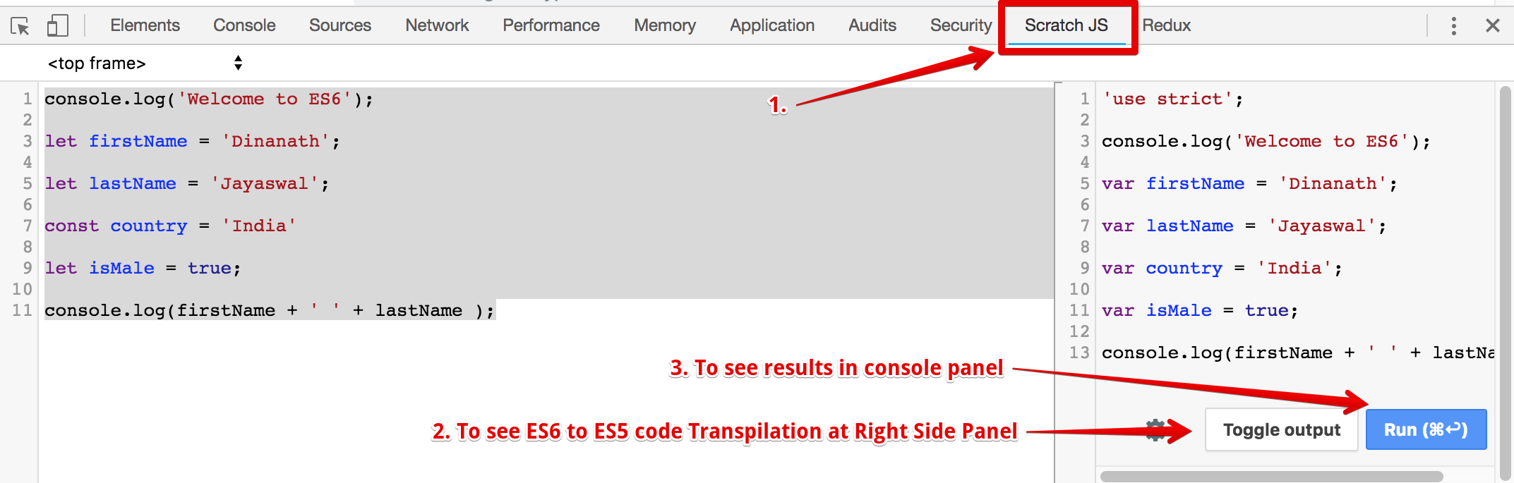 Scratchjs ES6 to ES5 code conversion