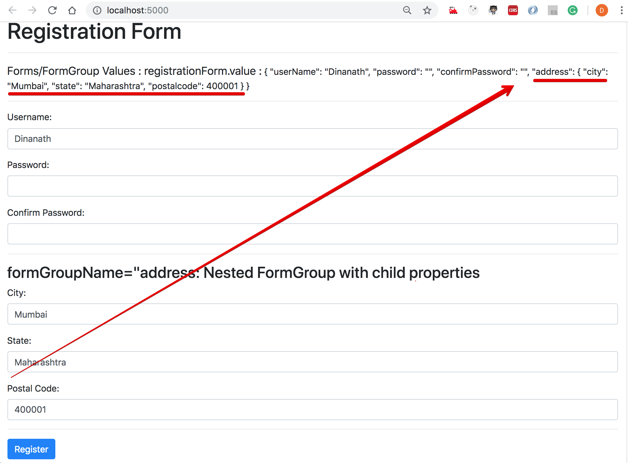 Reactive Form - nested FormGroup