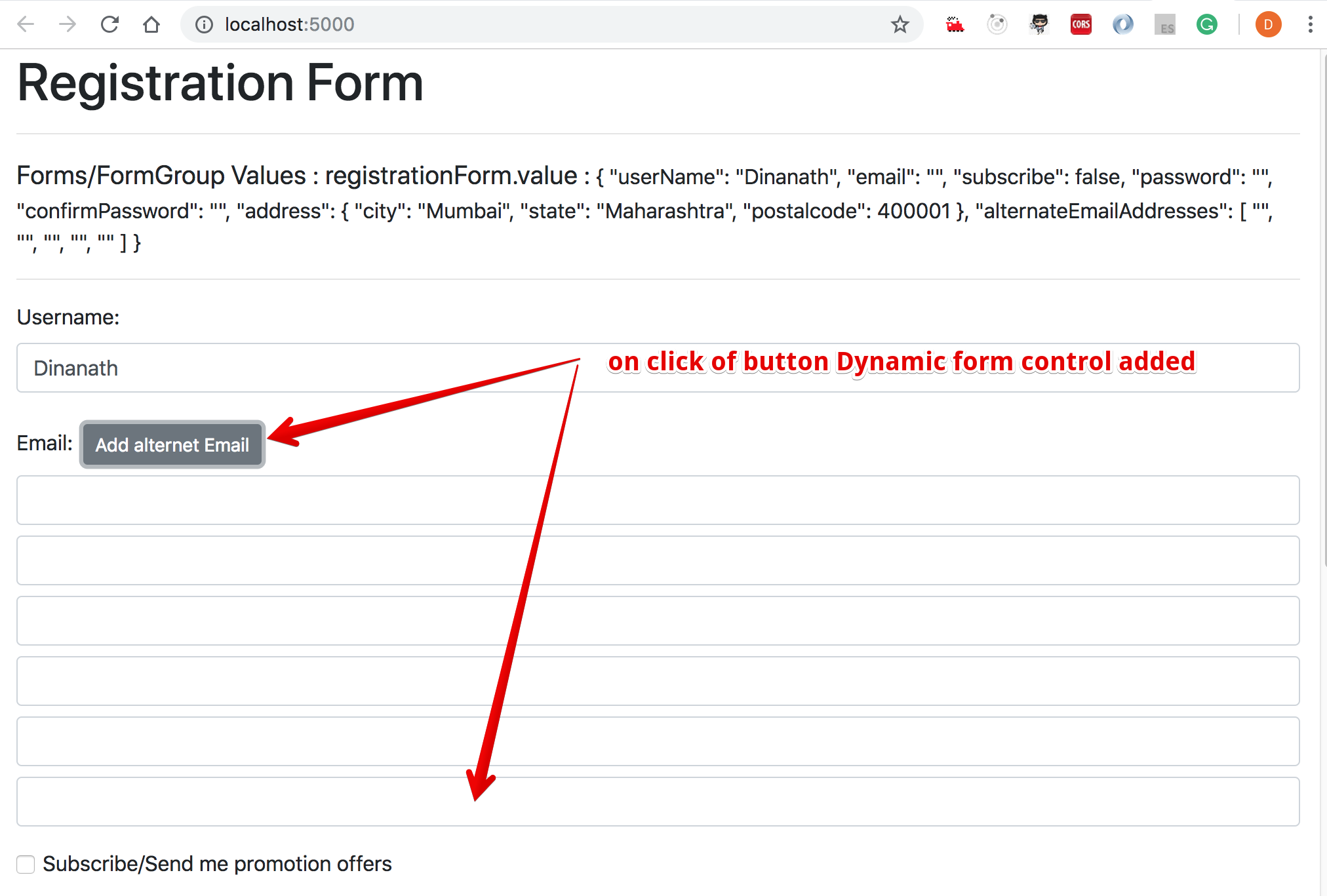 Reactive Form - add dynamic email field/control