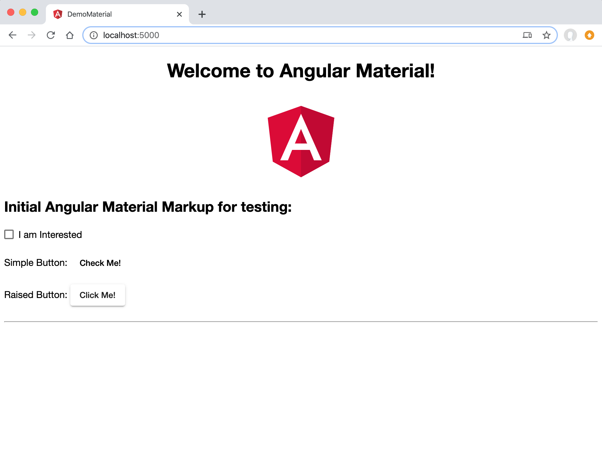 Angular Material installation - initial module/component import - component testing