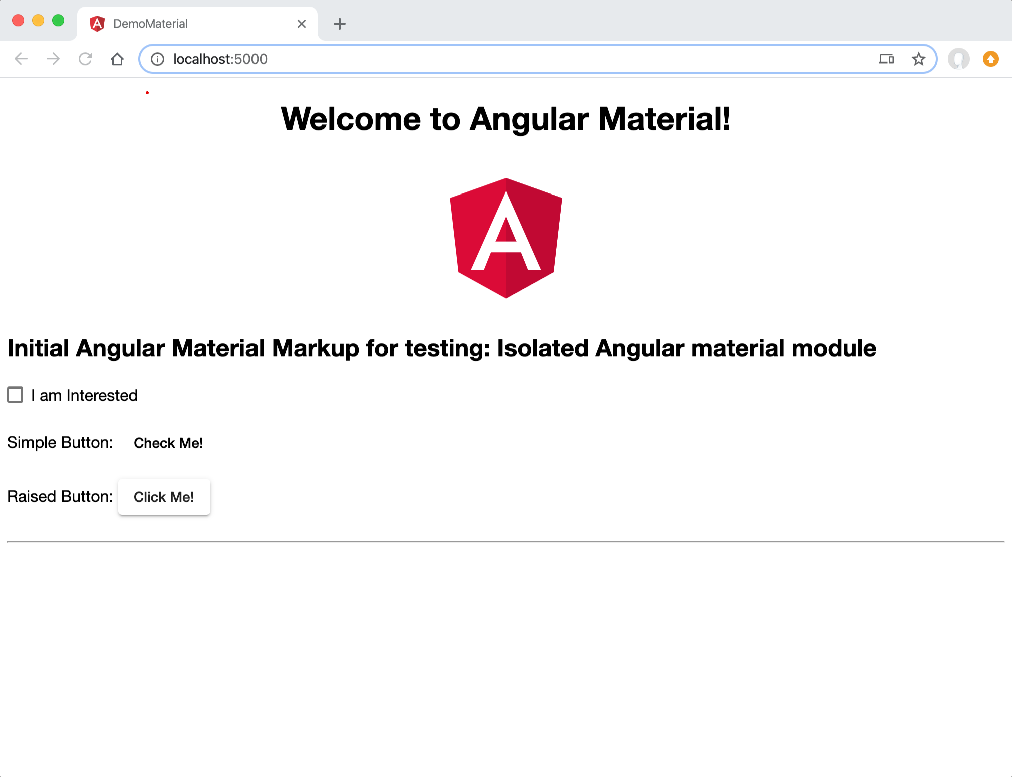 Isolated Angular Material - initial module/component import - component testing