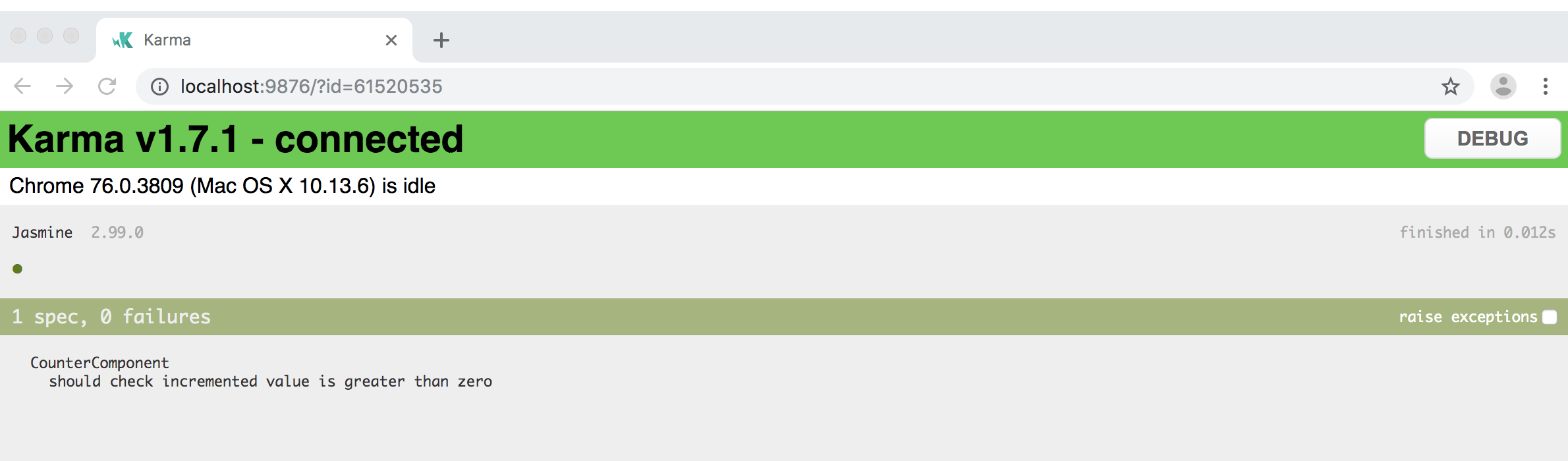 Unit Testing - Running test - Browser Karma output