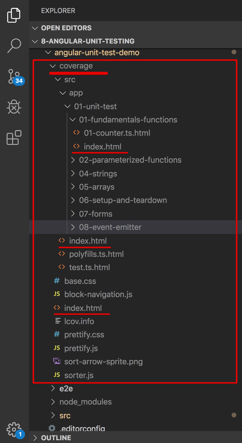 code coverage - folder structure - vs code