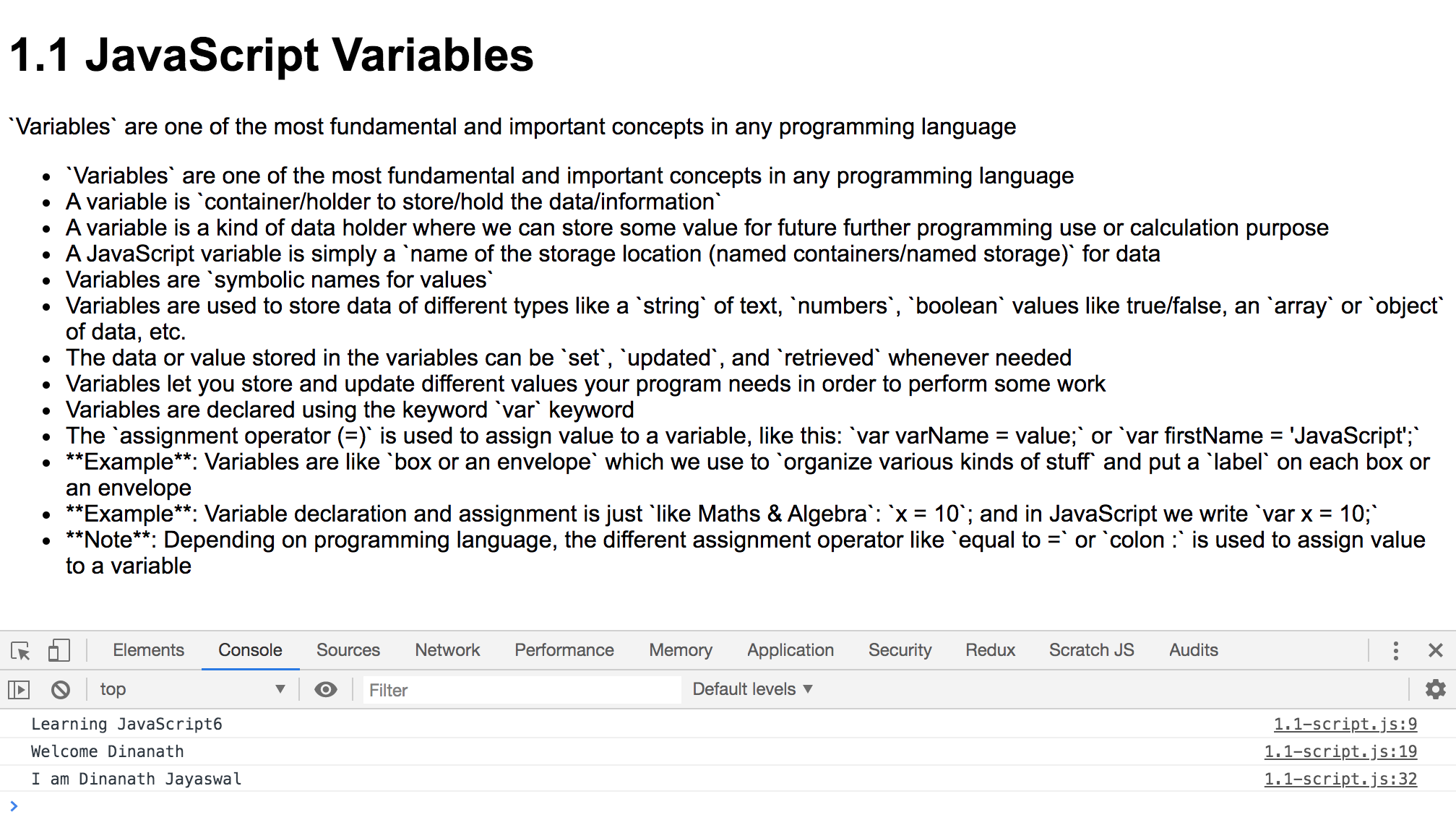 JavaScript variables declaration and use