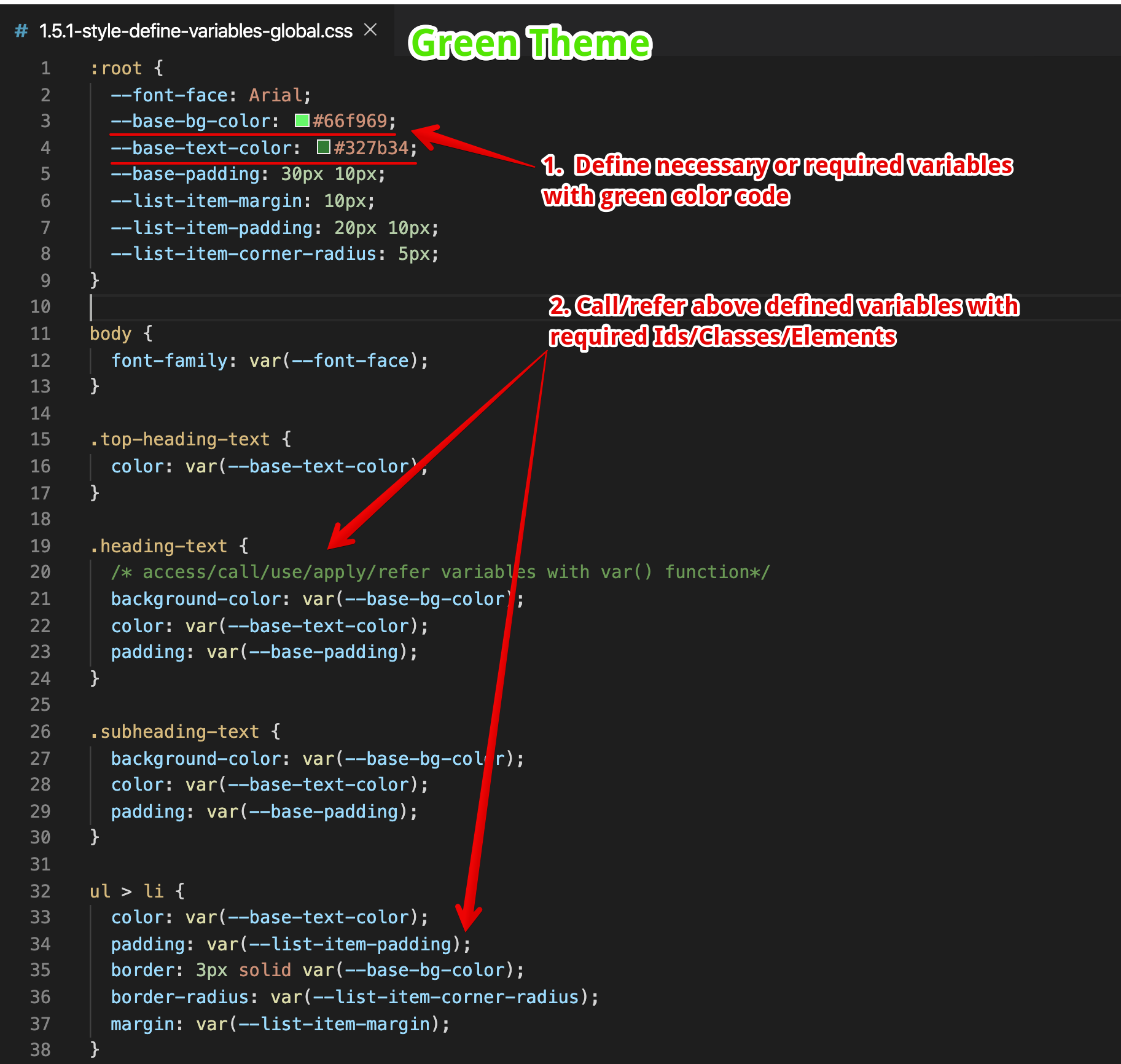 Declaring & Using CSS Variables - Styles Create a Green Theme