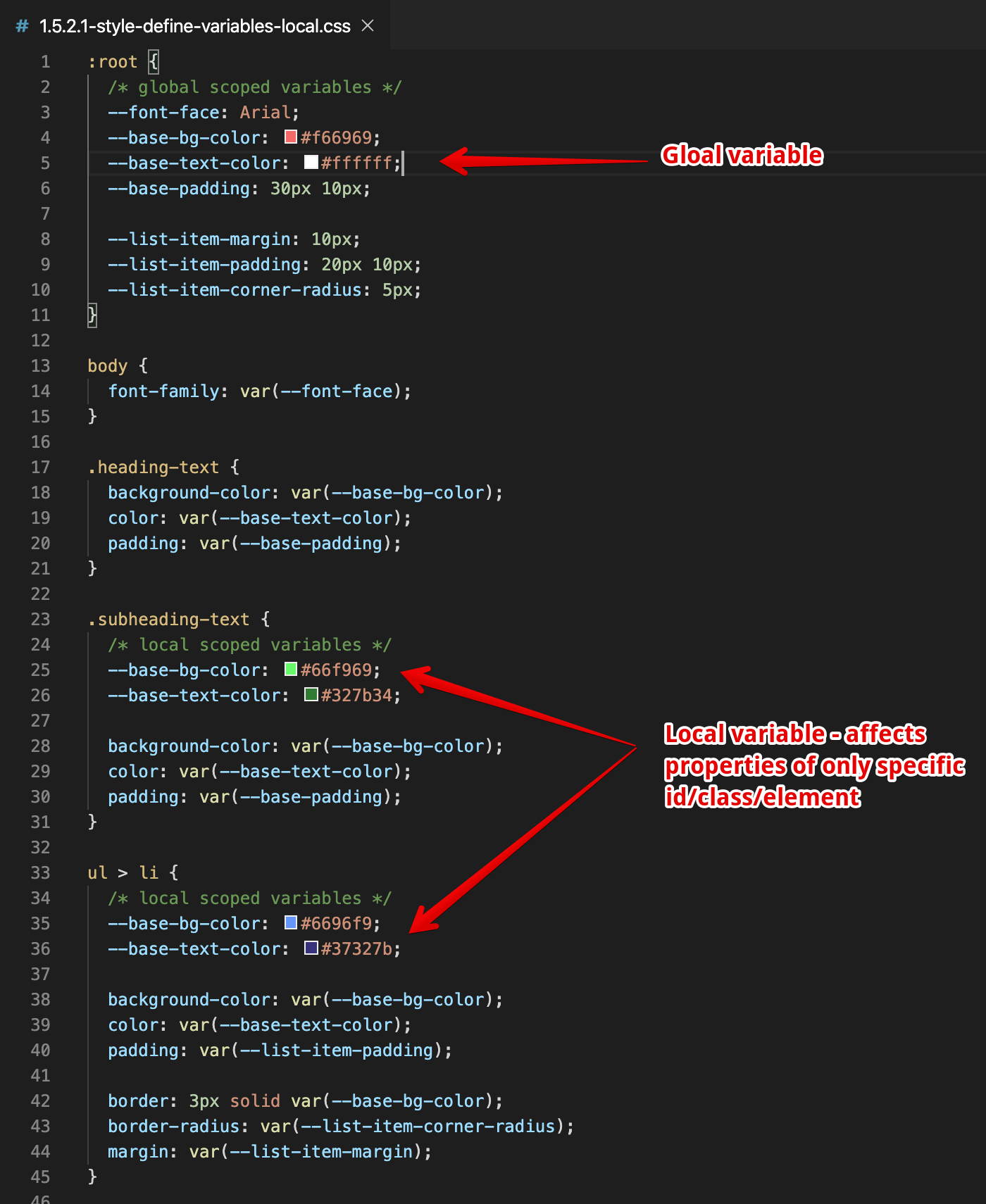 Declaring & Using CSS Variables - Styles Create local scoped variables