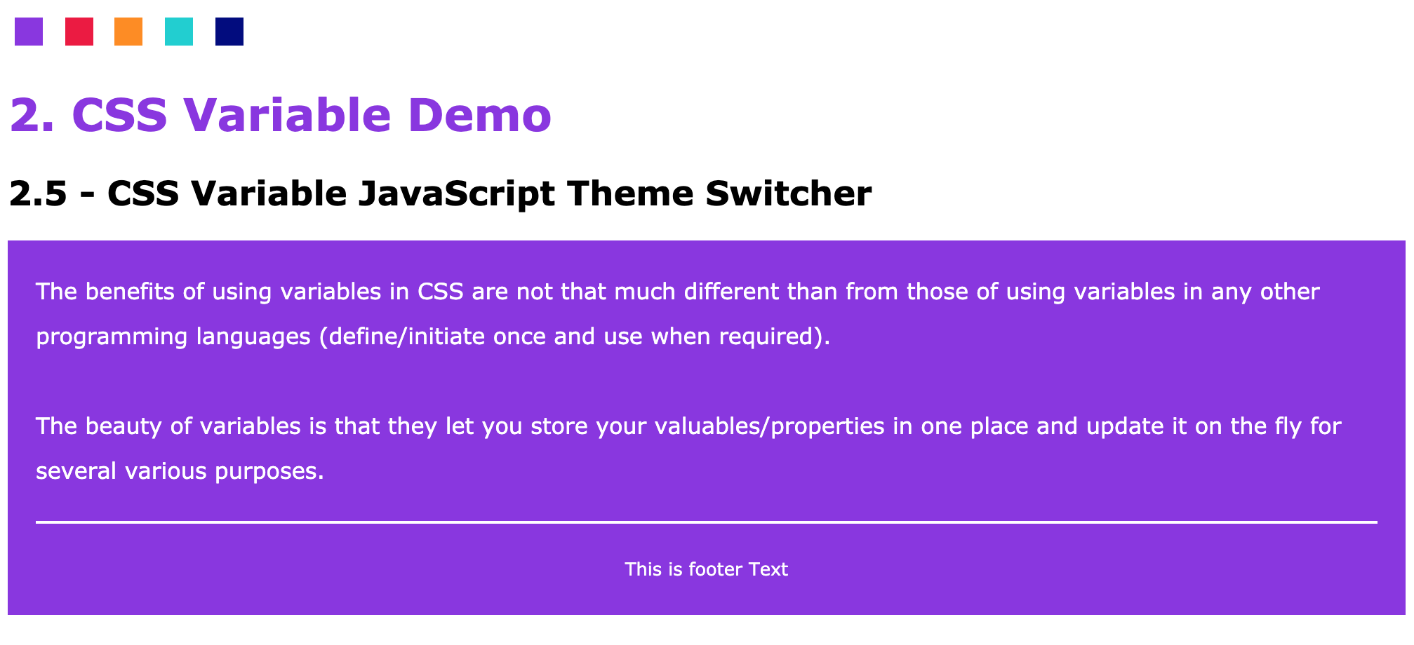 CSS Variables Demo -  JavaScript Theme Color Swatch Switcher - Default