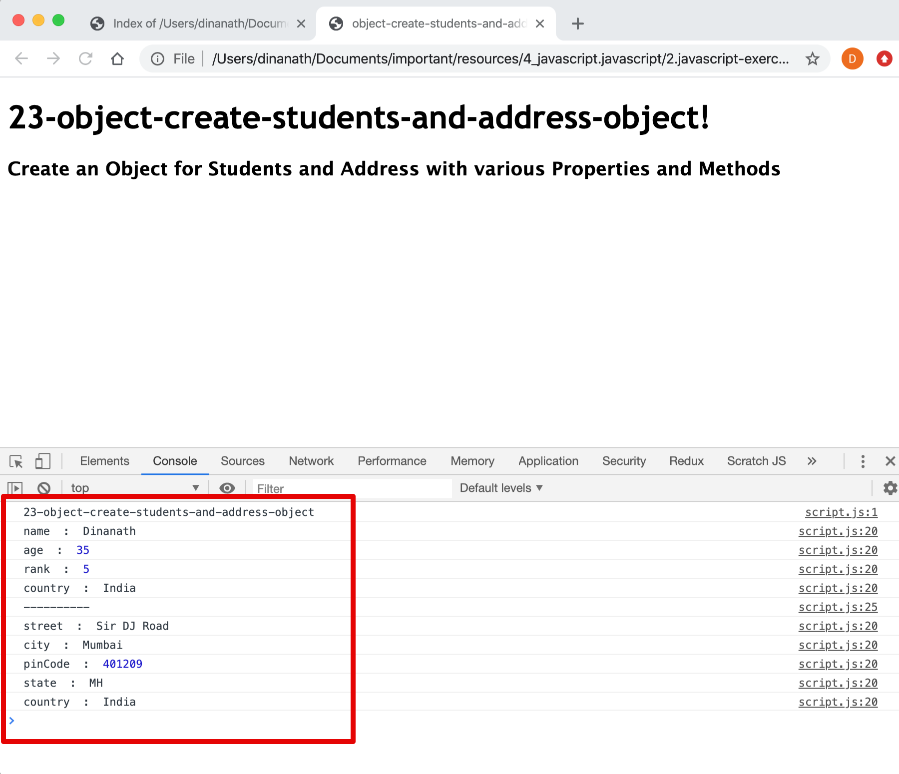 Object Create Students and Address Object