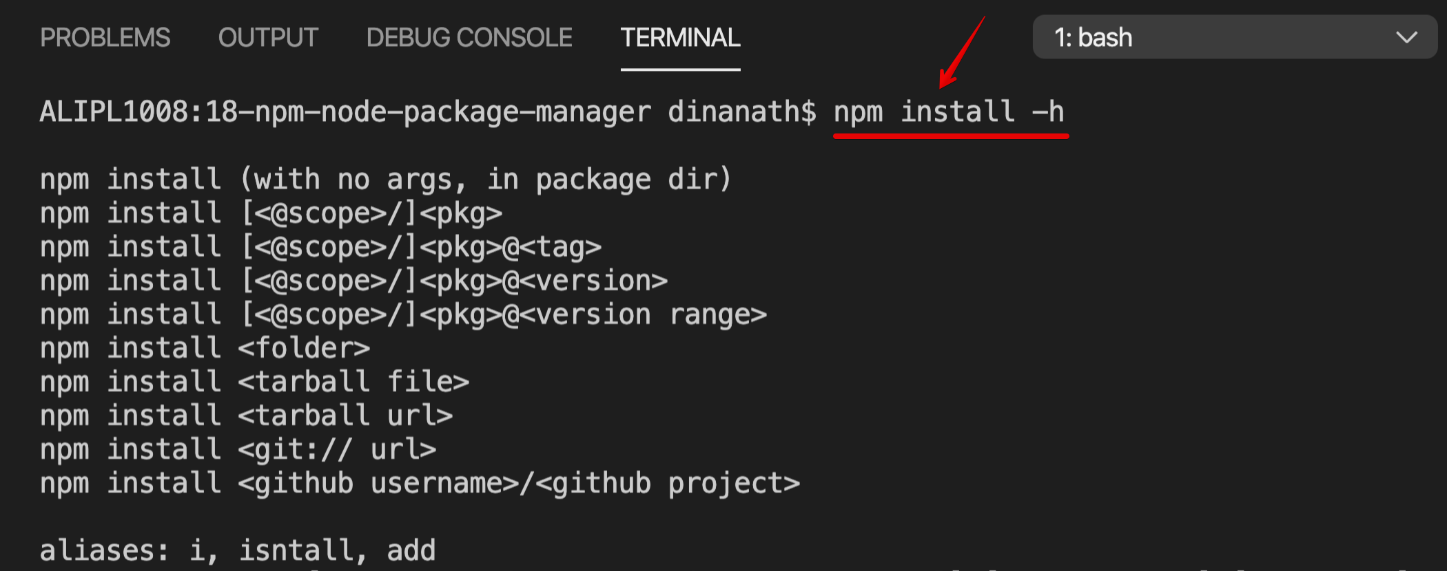 Getting npm help for specific command | npm install -h