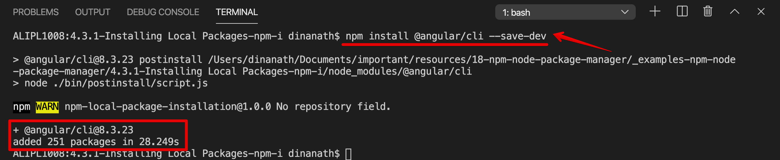 Installing local package: npm install <package_name> --save-dev