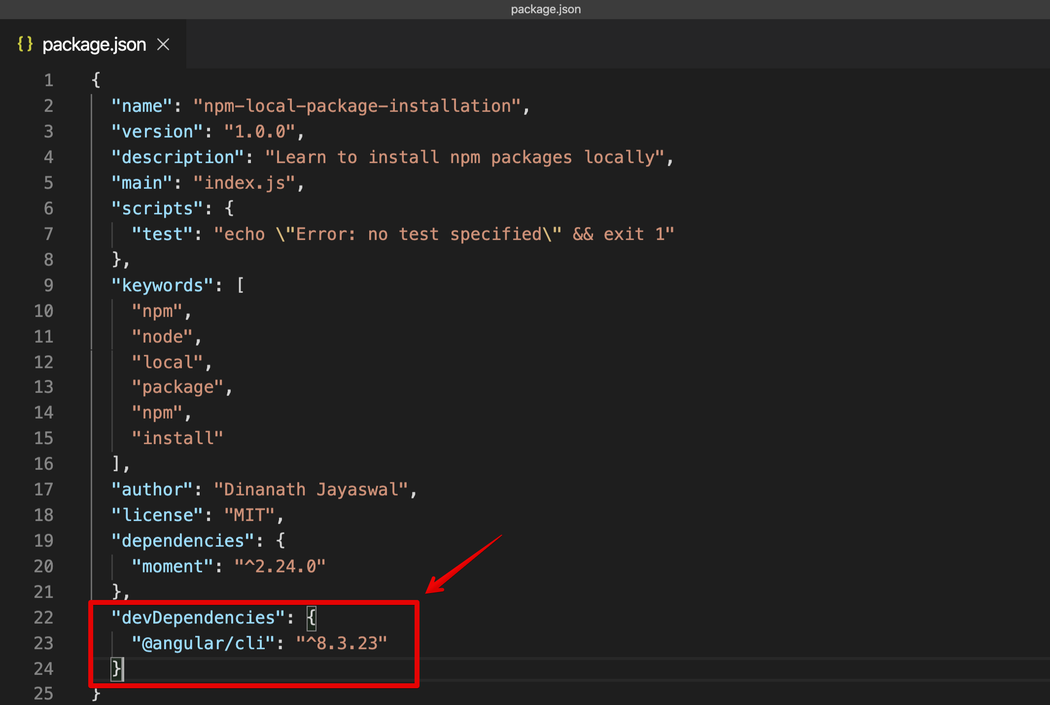 Installing local package: package.json <package_name> with dev dependency
