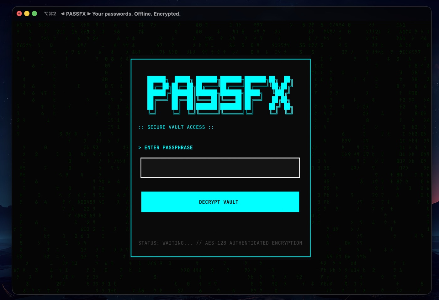 PassFX terminal interface showing cyberpunk-themed login screen with matrix rain effect