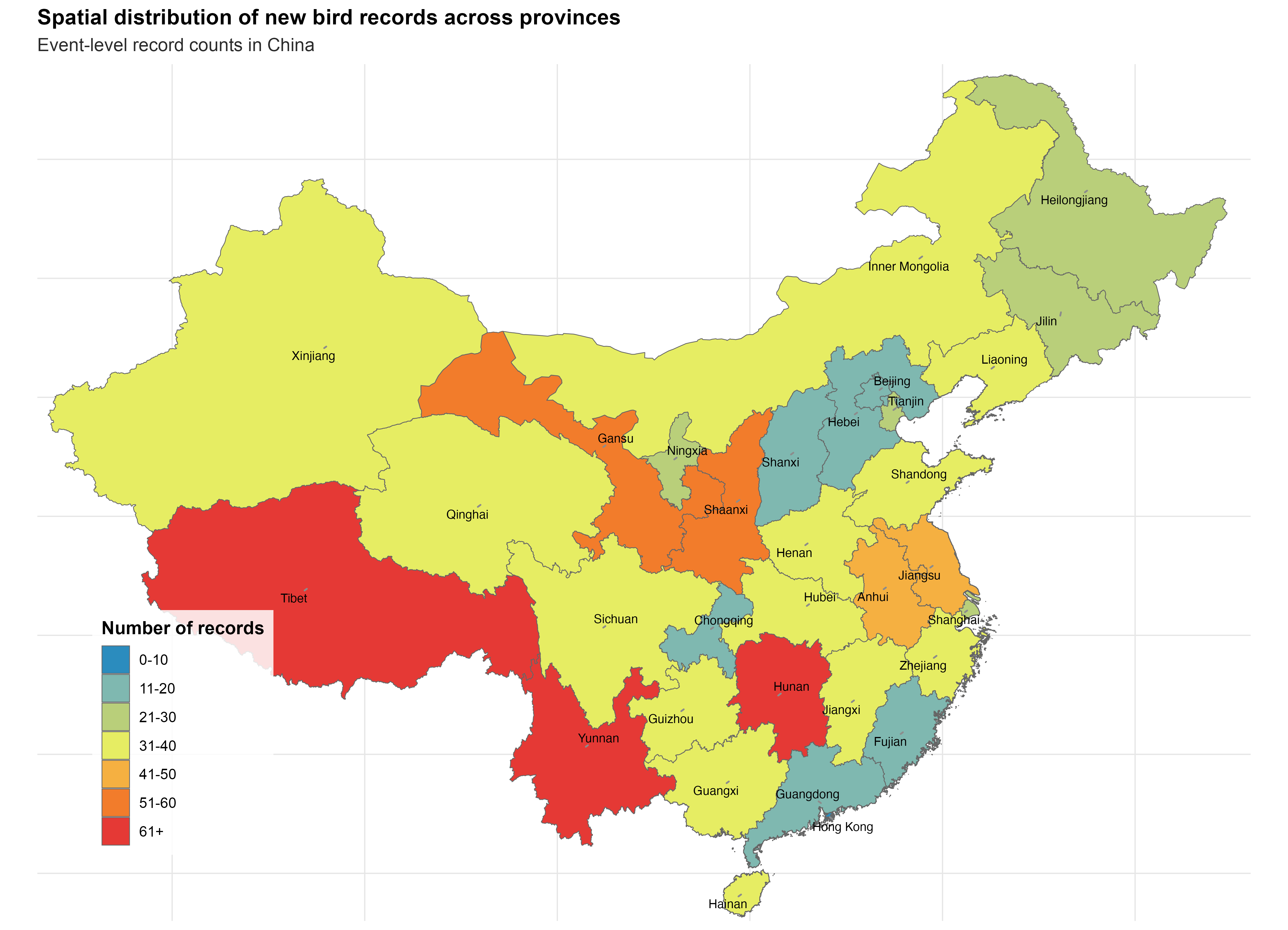 Provincial choropleth of bird new distribution records