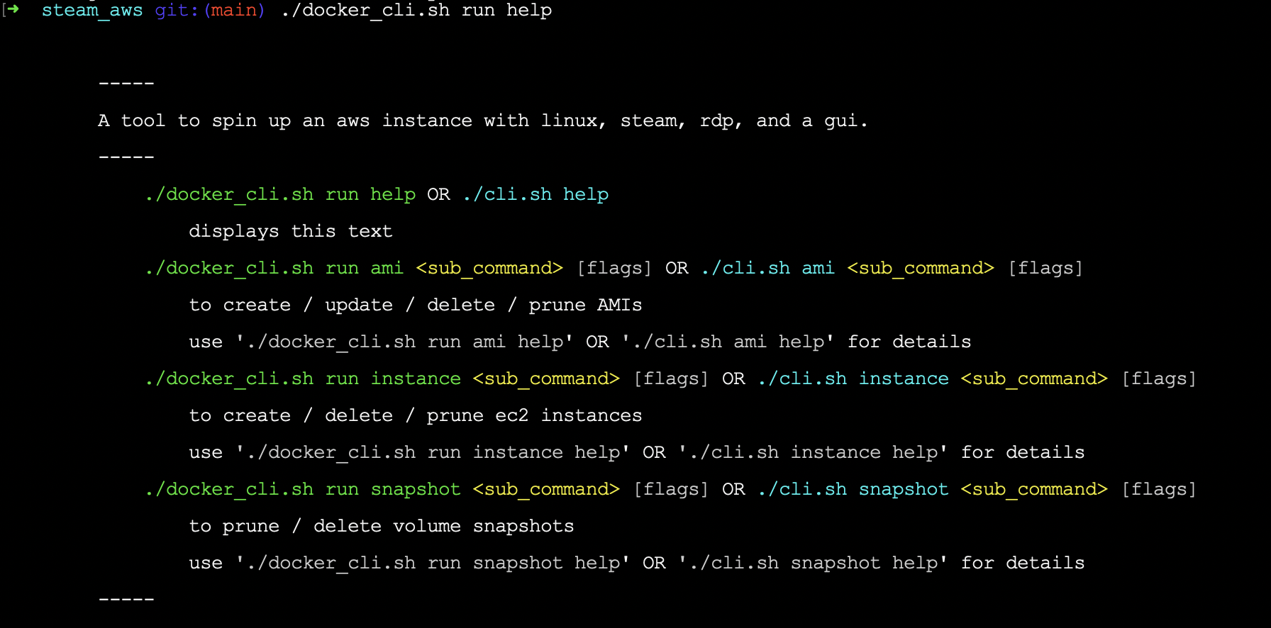 example appearance of cli - specifically the base help command