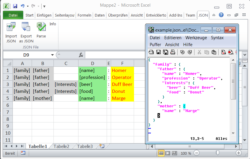 Excel vs. Json view