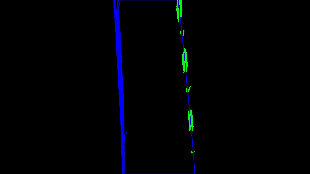 Coloring of pixels belonging to either side of the lane based on previous polynomials (also drawn on the figure).