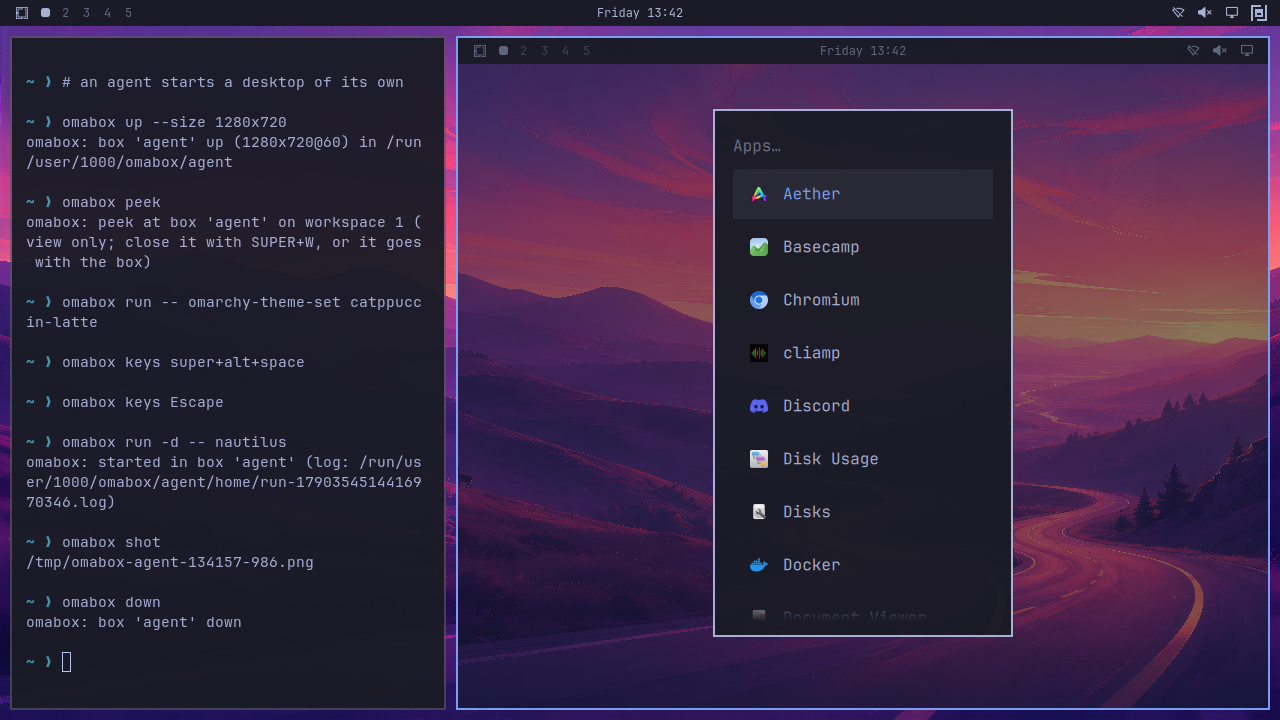 An interactive box: a whole Omarchy desktop as a window next to a terminal, with a terminal of its own open inside
