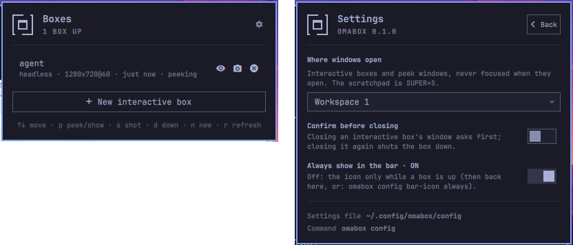The widget's panel with no boxes up and its New interactive box button, and its Settings face: where windows open, confirm before closing, always show in the bar