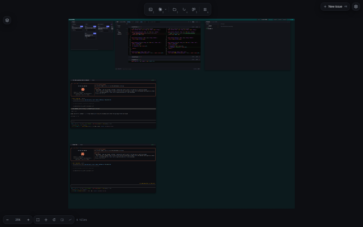 The full hivemind canvas — an issues board, a code editor, a live git diff, and two AI coding agent terminals, all on one infinite canvas