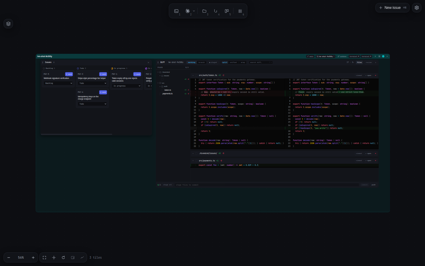 Live git diff of an AI agent's fix in hivemind