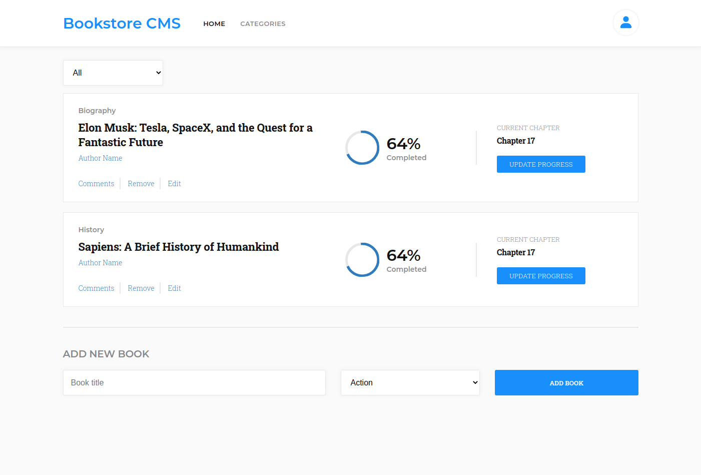 Screenshot of bookstore CMS app