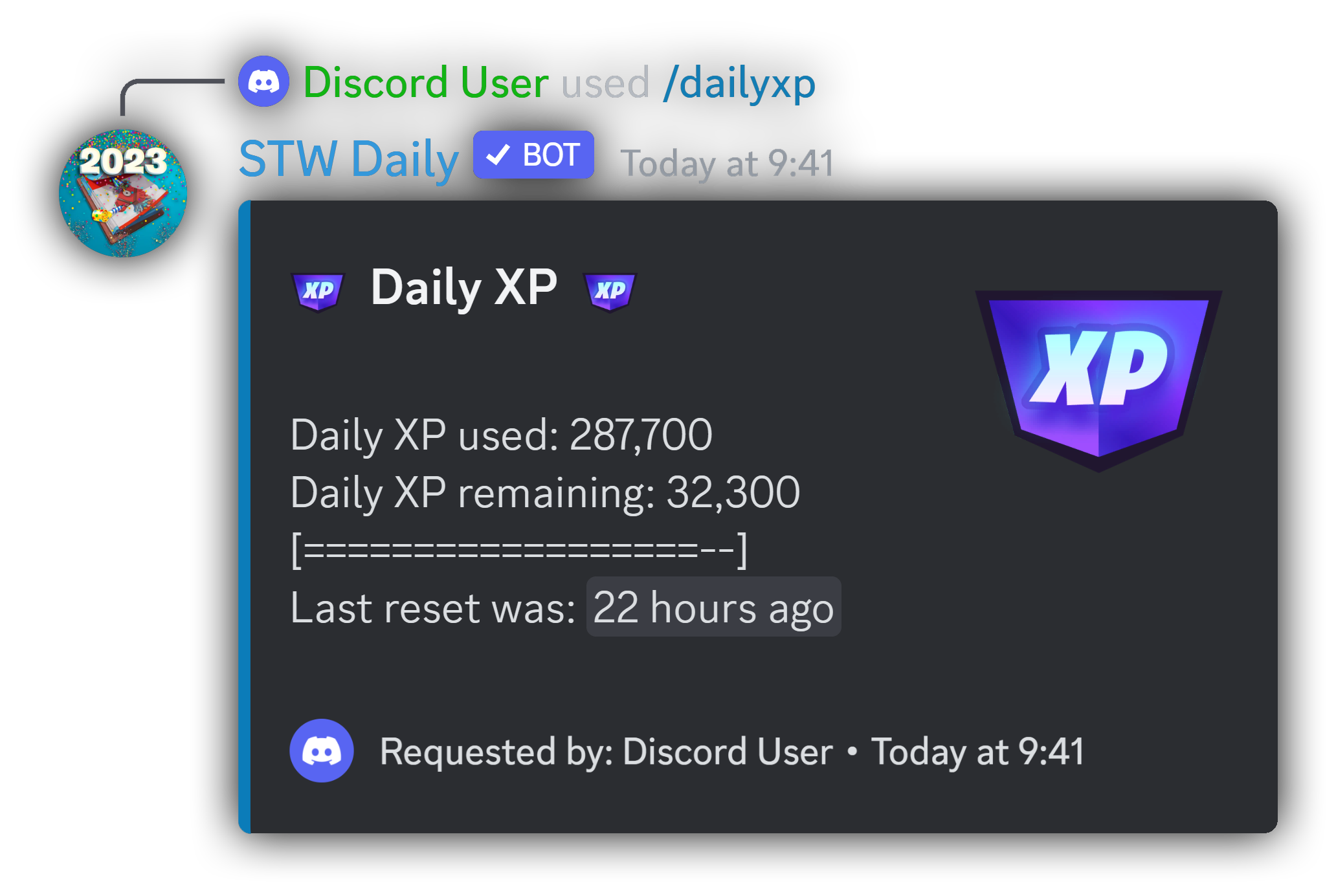 Daily XP command example