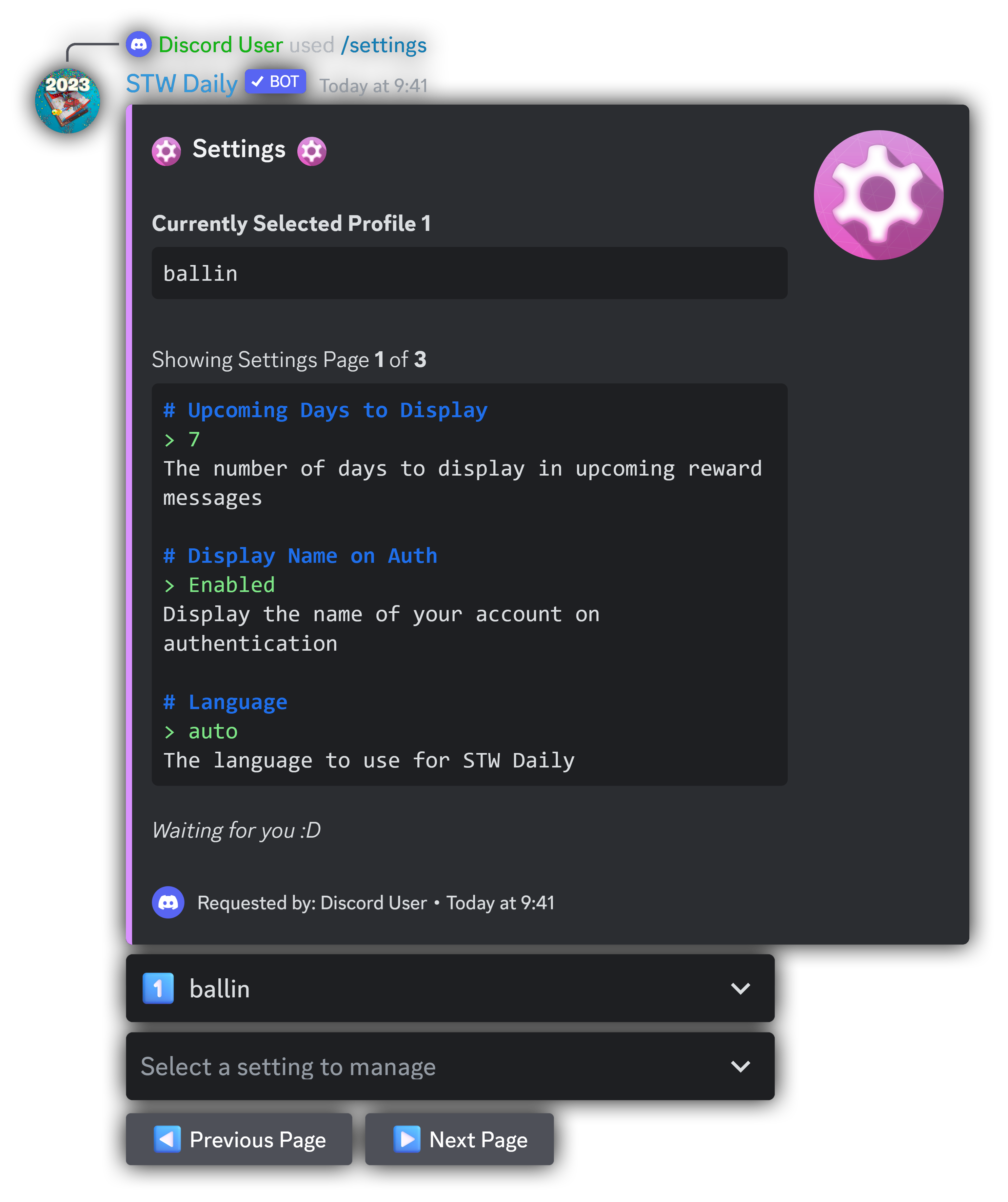 Settings command example