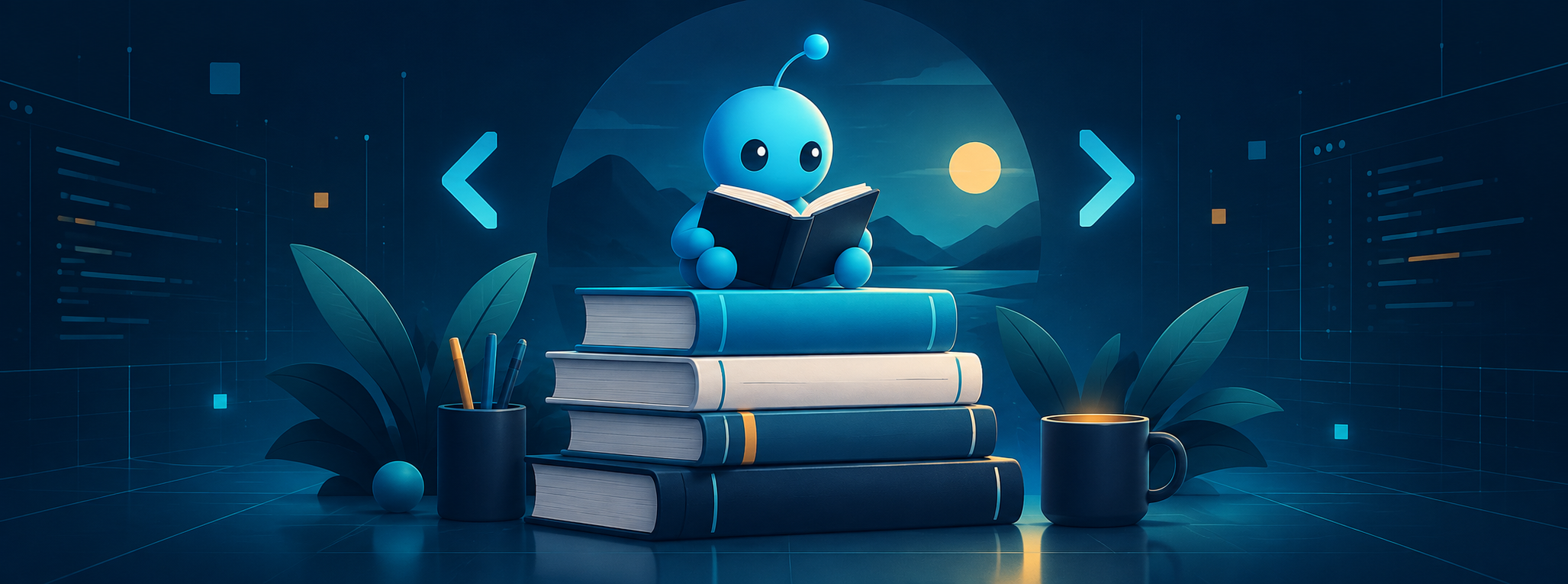 An illustrated stack of programming books in a calm blue workspace