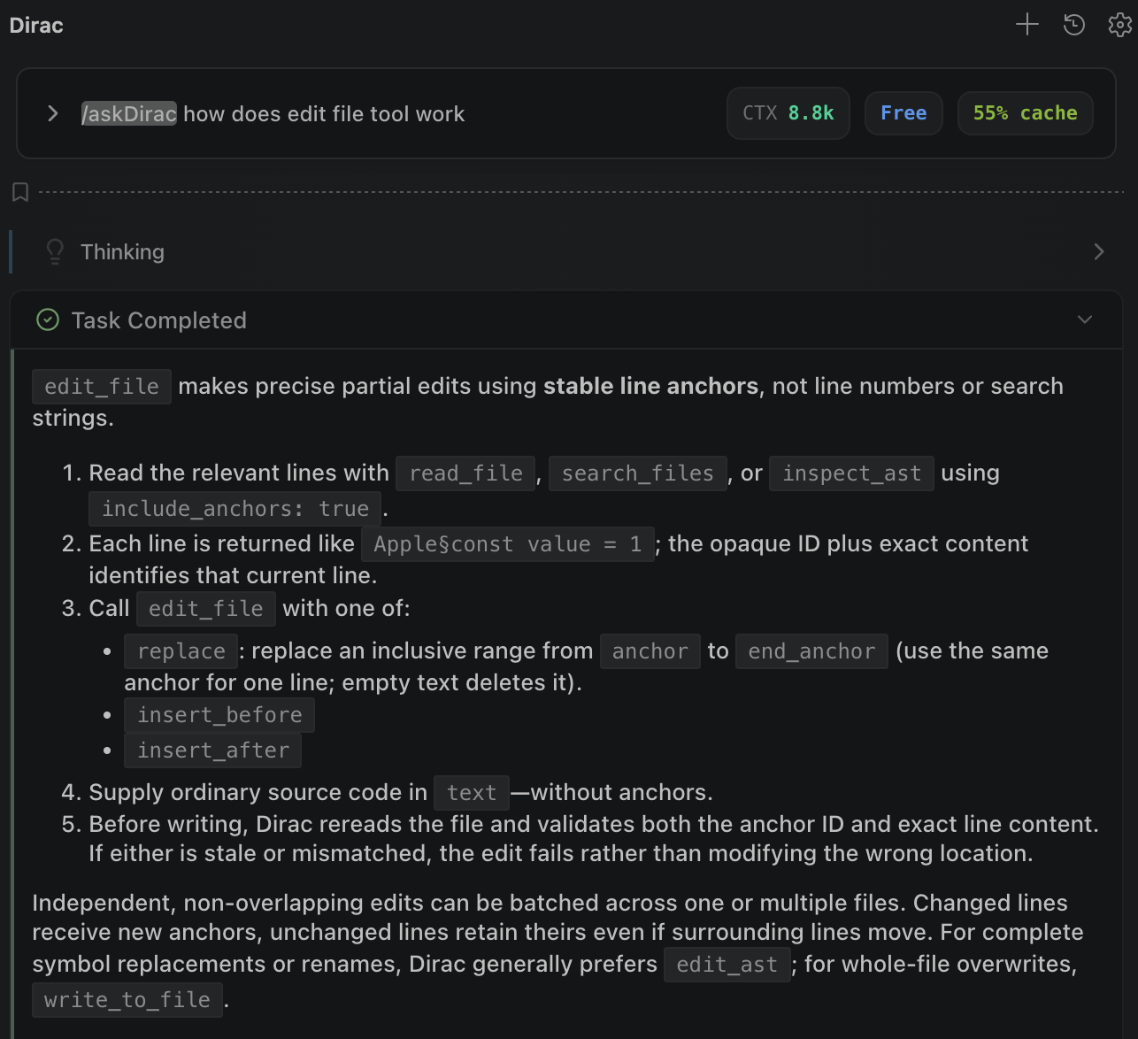 An askDirac question about the edit_file tool and Dirac's answer
