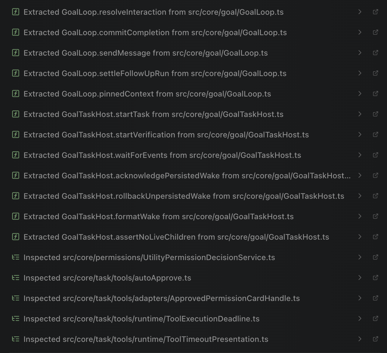 Dirac AST inspection results listing extracted functions and inspected files