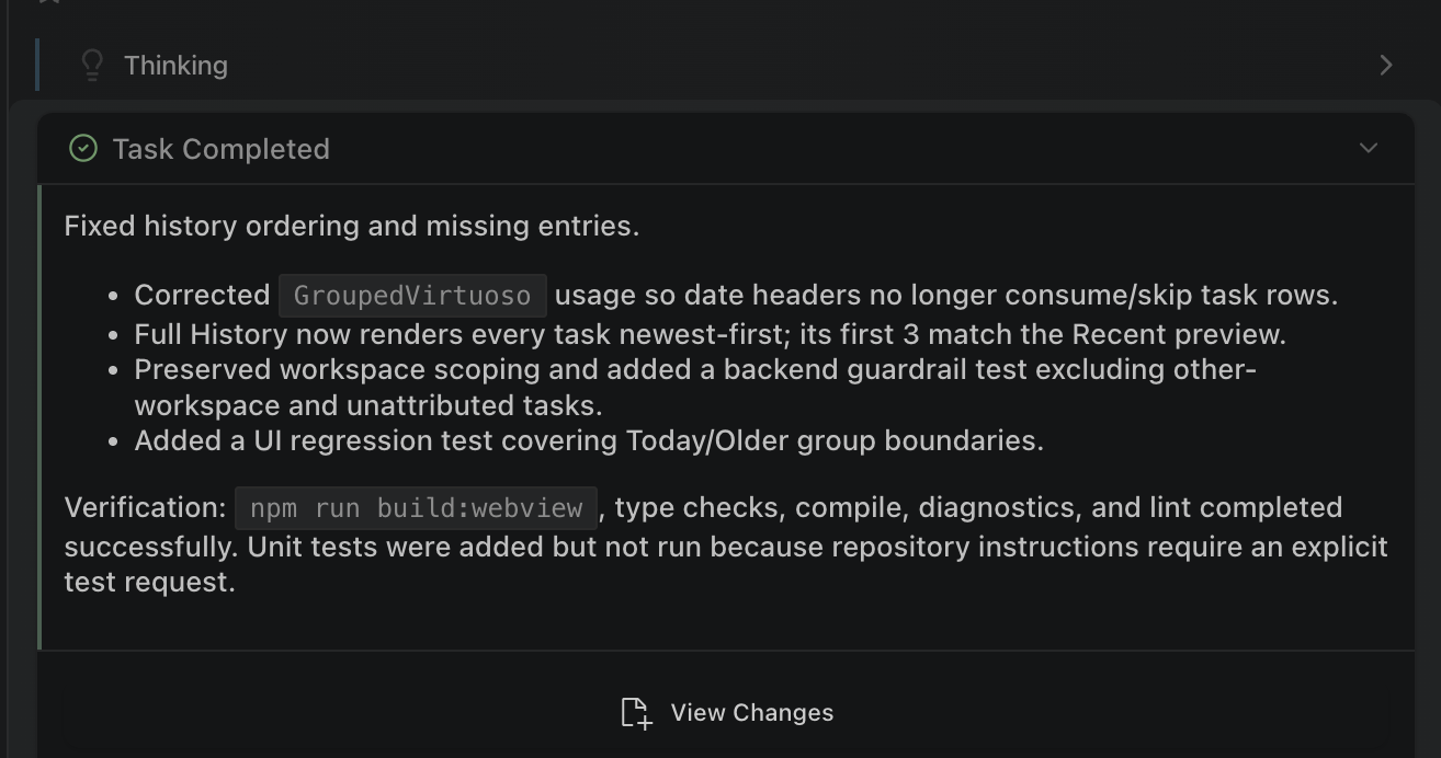 A concise task completion with changes and verification results