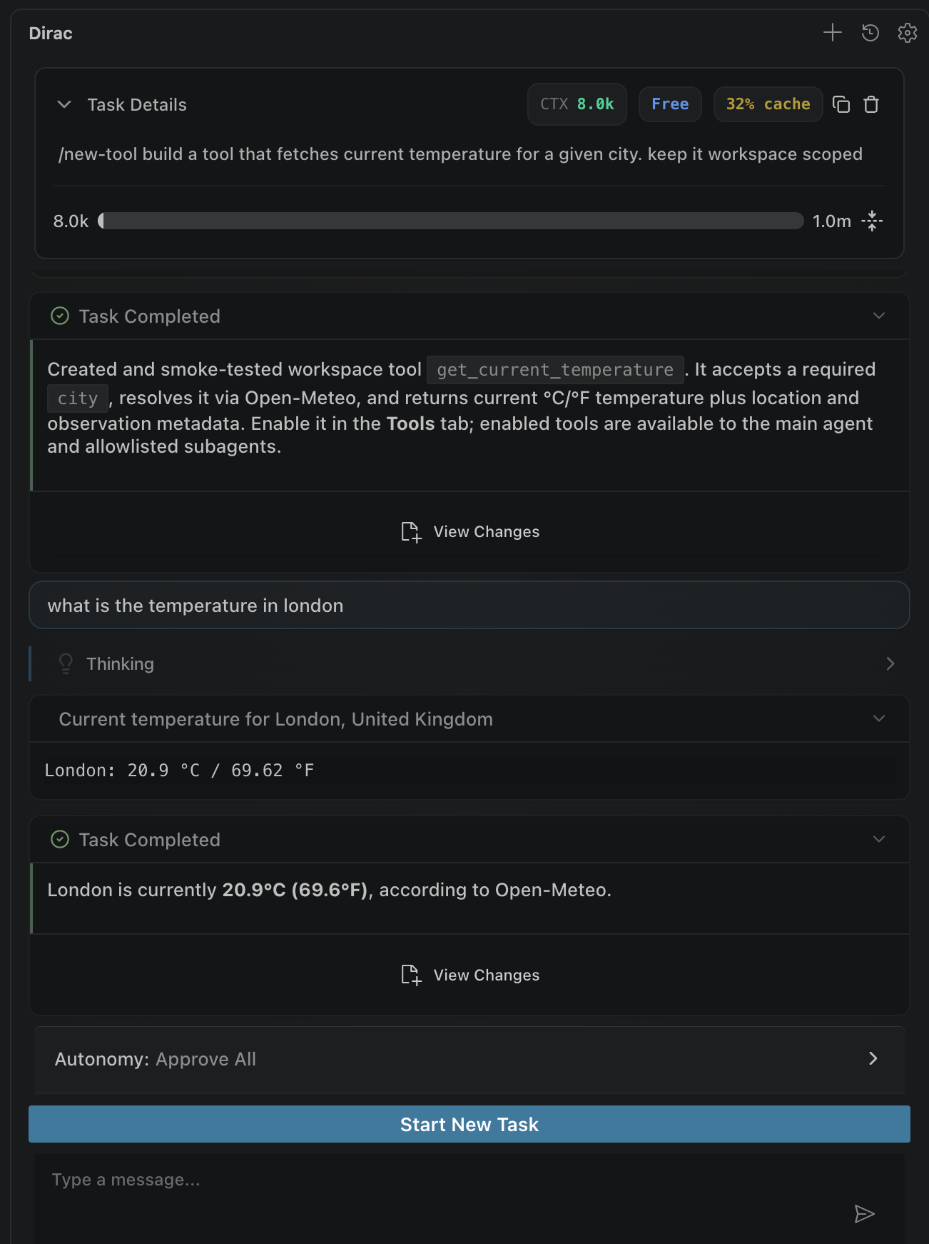 Dirac building and then using a custom weather tool in the same conversation