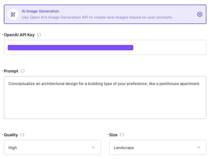 The AI Image Generation operation, showing an OpenAI API Key field, and fields for a prompt, quality, and size selection