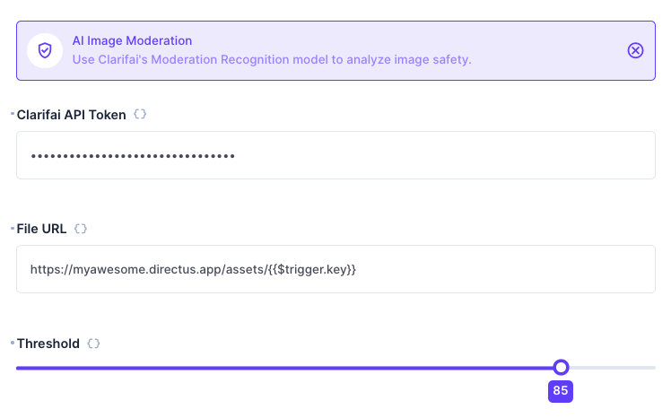 The AI Image Moderation operation, showing a Clarifai API Token field, File URL, and threshold