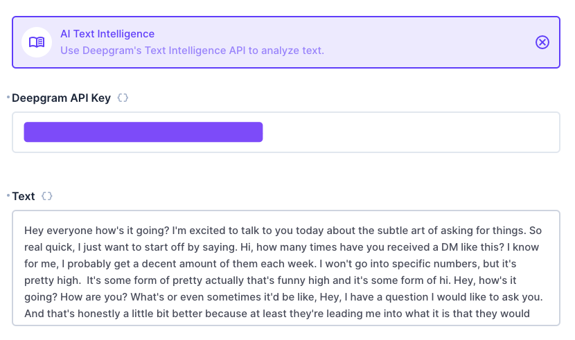 The AI Text Intelligence operation, showing a Deepgram API Key field and a text field