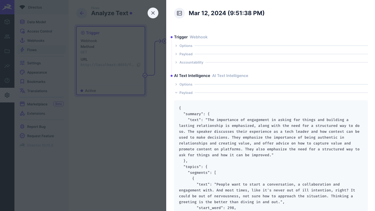 The output showing a JSON object containing a summary and topics.