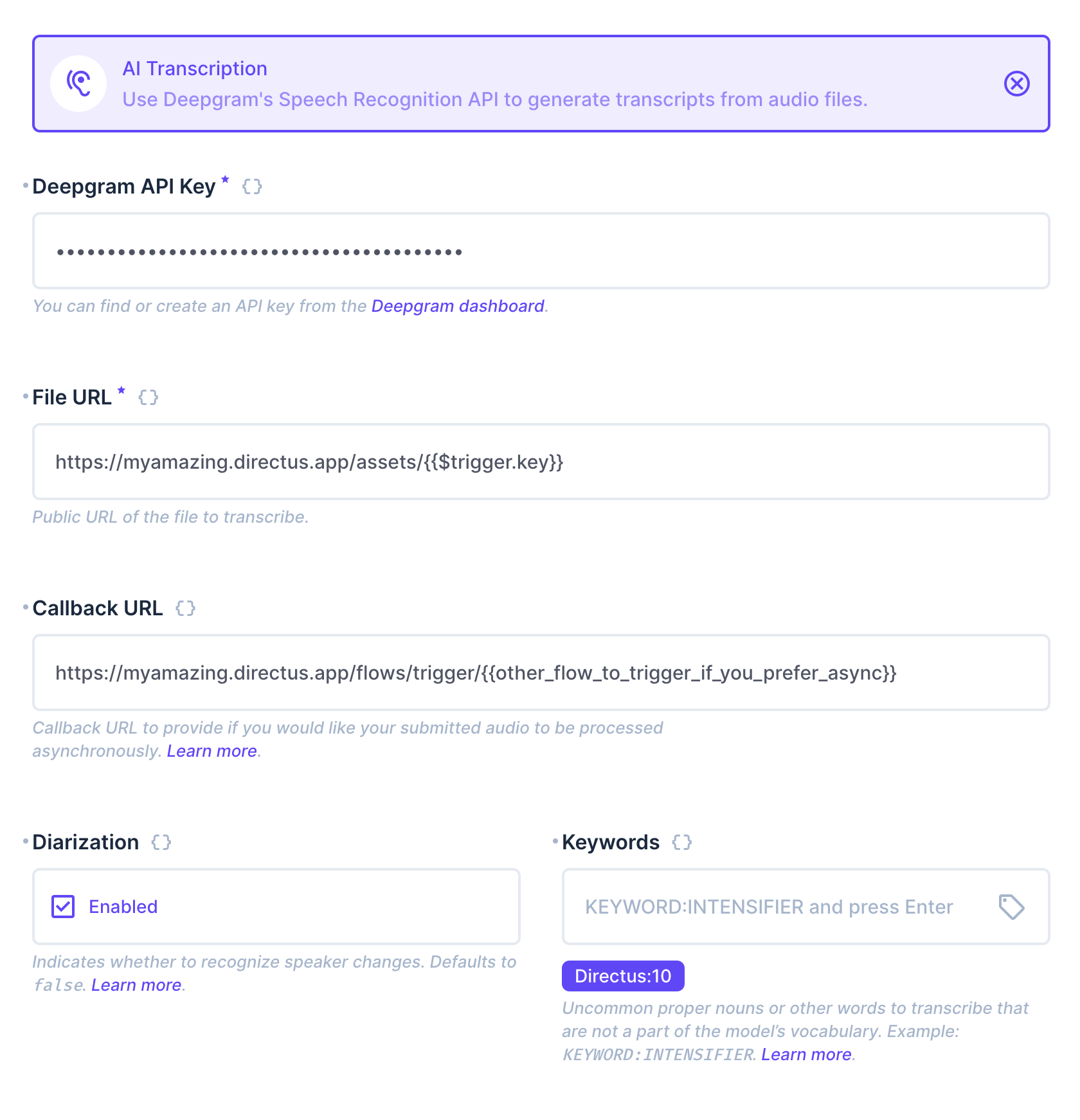 The AI Transcription operation, showing a Deepgram API Key field and a File URL field.