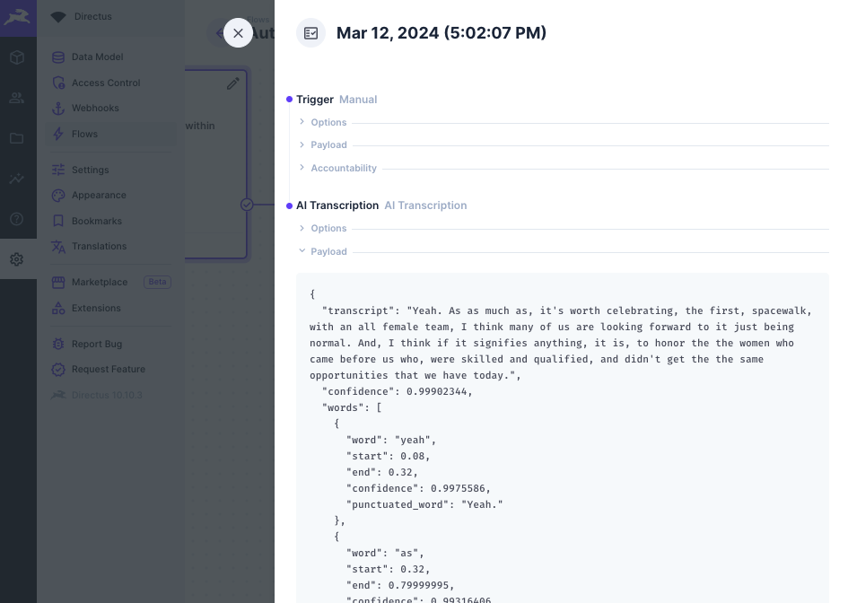 The output showing a JSON object containing a transcript and words.