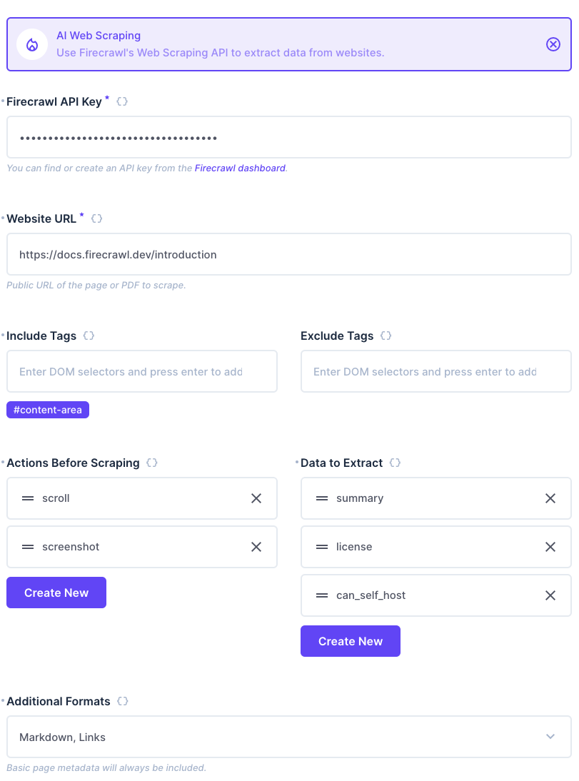 The AI Web Scraper operation, showing all options when configuring the extension