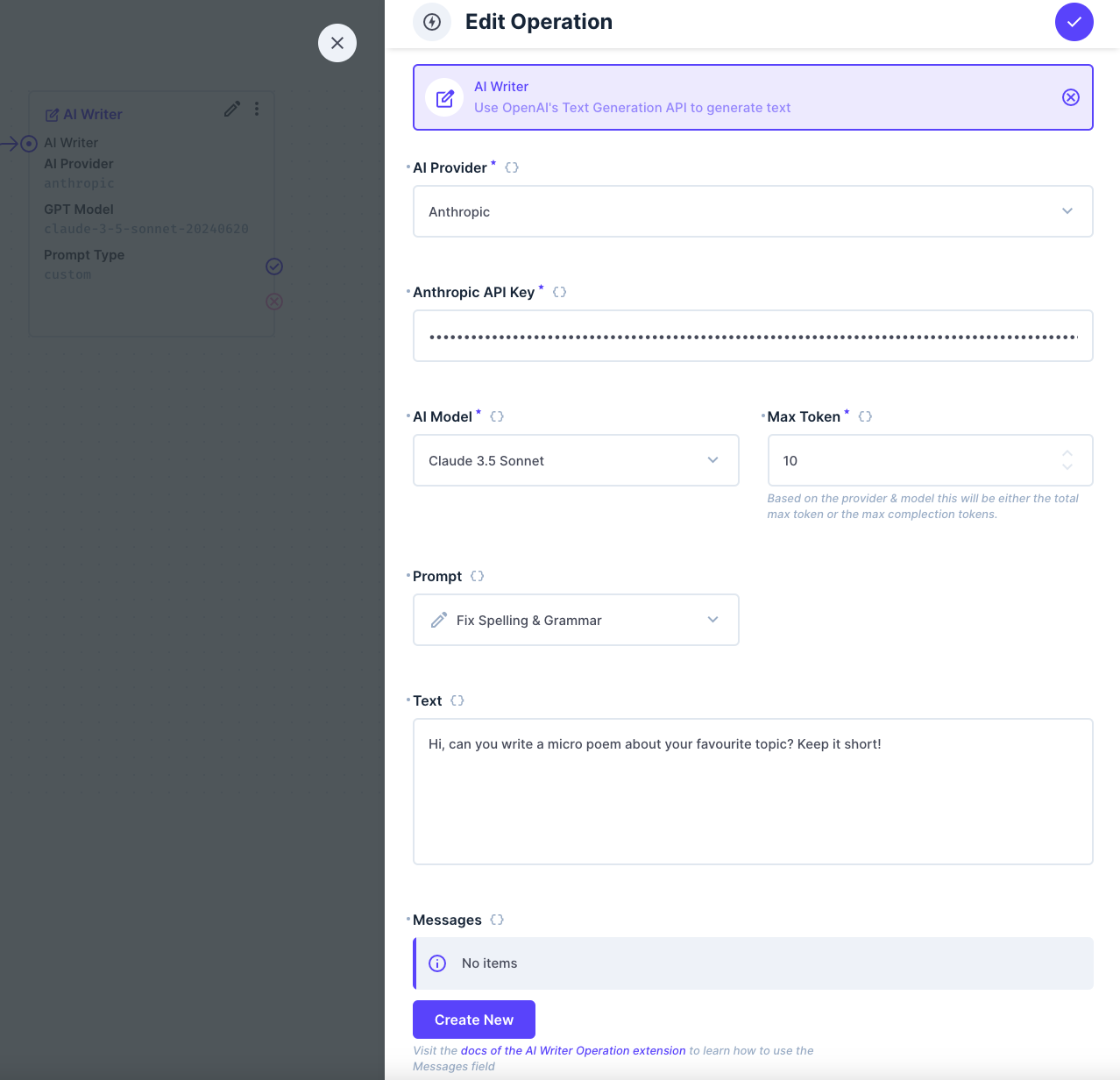 The AI Writer operation, showing a masked OpenAI API Key field, model and prompt selection fields, and a multiline text input.