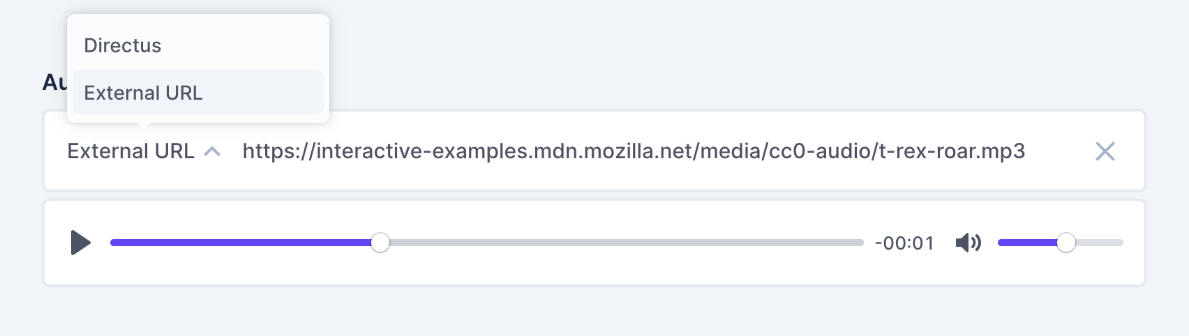 The audio interface, showing an open service drop-down with the options Directus and External URL, with External URL selected, an audio ID in the nearby text field, and an audio player below the field.